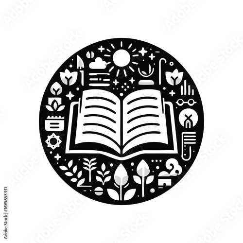 Open book surrounded by nature icons and symbols