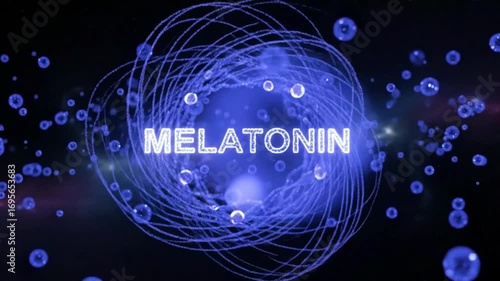 Melatonin Molecule Illustration with Abstract Blue Spheres and Swirls