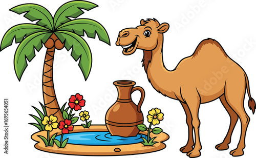 Playful Cartoon Camel Mascot with Oasis Elements