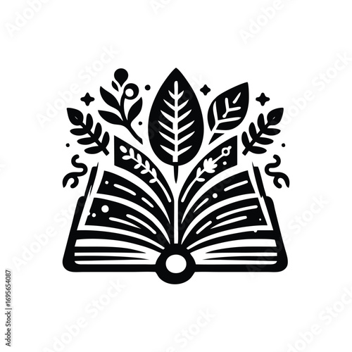 Open book with leaves and plants, symbolizing knowledge