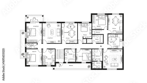 2D Floor Plan Black and White | House, Apartment, Villa Layout with Furniture Vector Illustration