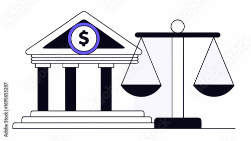Simple illustration depicting a bank building beside scales of justice, symbolizing financial fairness and legal processes.