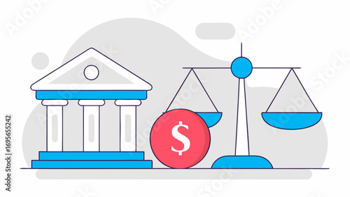 Vector illustration depicting financial justice with a bank building, scales of justice, and a dollar coin. Clean lines and simple design.