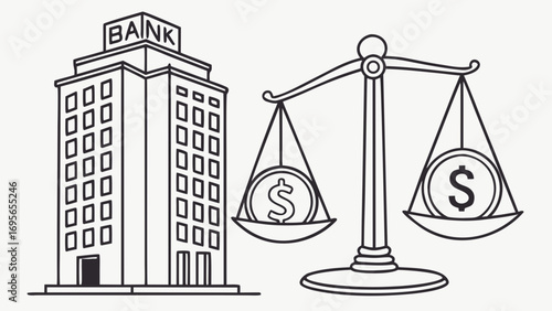 Line art illustration depicting a bank building and scales of justice with dollar coins, symbolizing financial stability and fair banking practices.