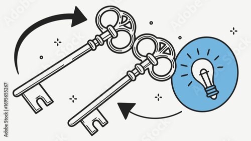 Illustration of two antique keys exchanging positions with a lightbulb, symbolizing creative problem-solving and innovative ideas.