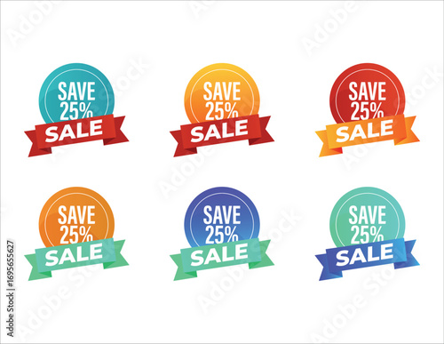 Collection of six colorful sale badges featuring save 25 percent discounts