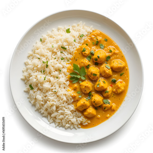 Yogurt curry served with steamed rice on a plate, isolated on white background creamy, tangy, and flavorful Indian