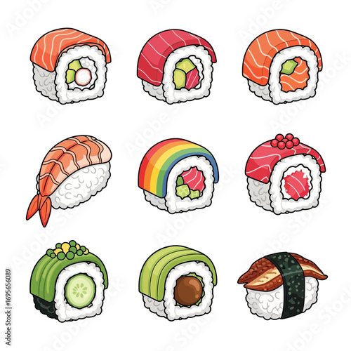 Cute Sushi & Japanese Food Vector Illustration Set