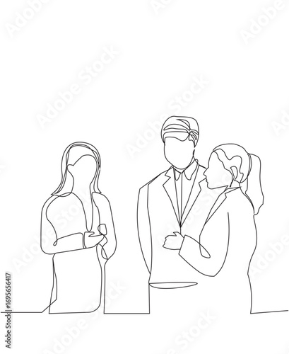 Two Women and a man are talking with each other in continuous line art