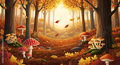 Golden autumn forest scene with vibrant trees and fallen leaves covering the ground, featuring mushrooms