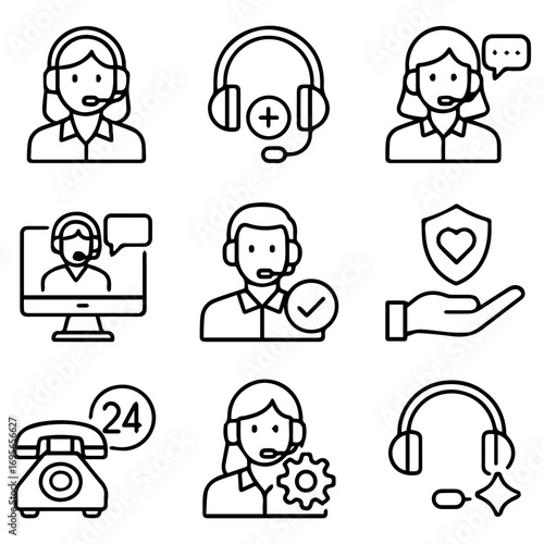 Customer Service Icons Headsets Agents Support and Communication Symbols.