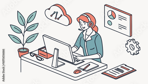 Friendly female customer service representative using a computer, isometric illustration.  Clean lines, pastel colors, and a plant on desk.