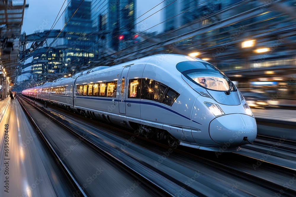 Naklejka premium High Speed Train Leaving City Station at Dusk