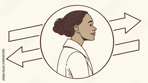 Profile view of a woman with dark hair in a bun, wearing a white coat, encircled by arrows suggesting movement or flow. Brown color palette.