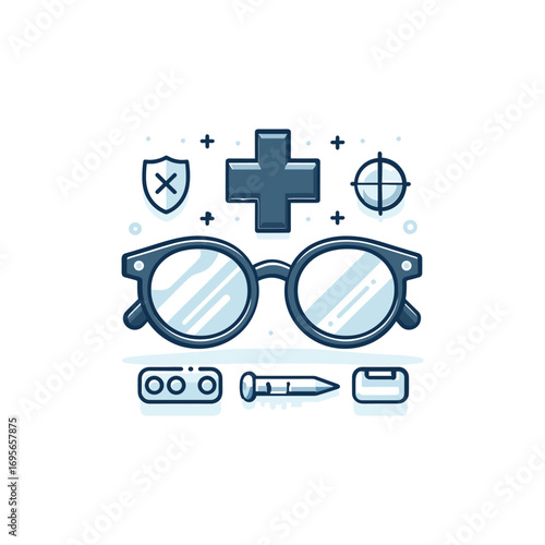 Stylish glasses with health symbols and tools