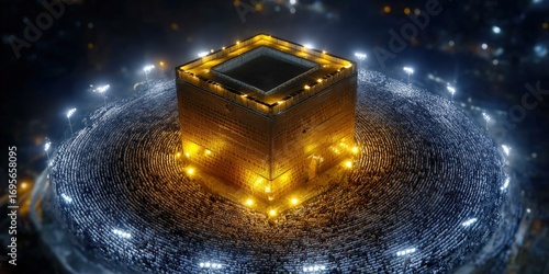 Aerial view of the illuminated Kaaba, surrounded by worshippers during Hajj pilgrimage at night.
