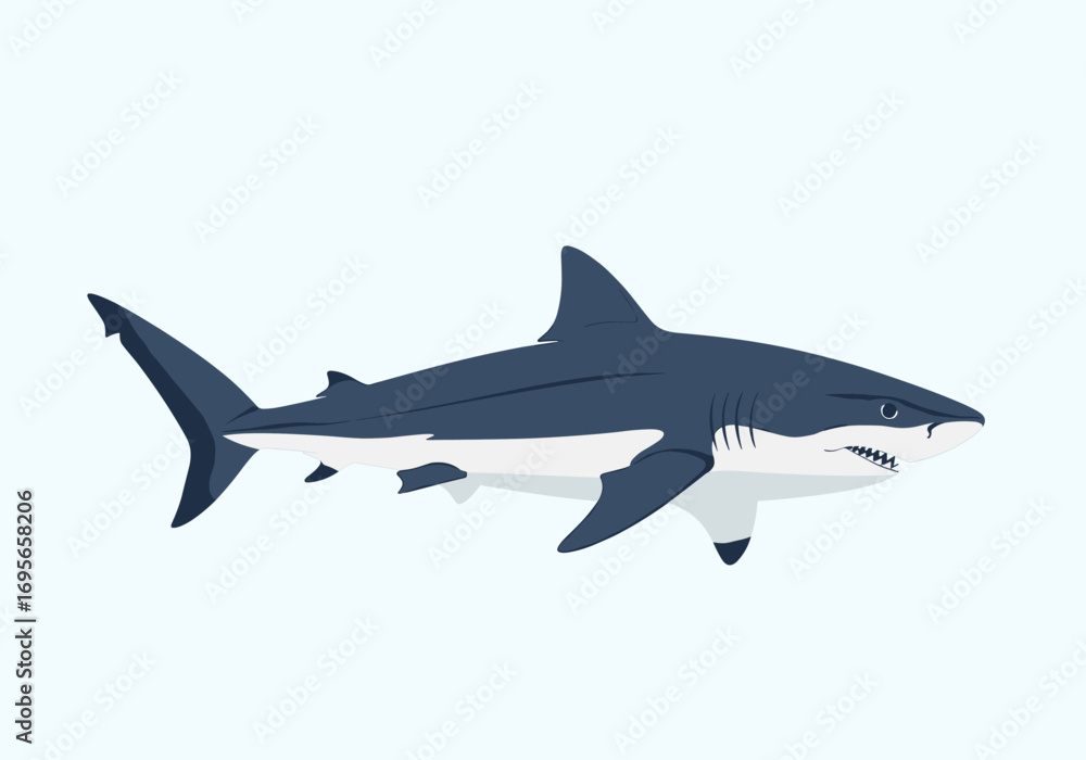Fototapeta premium A fierce great white shark swimming gracefully through the deep blue ocean waters displaying its powerful jaws and sleek body