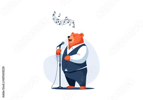 A joyful animated brown bear wearing a vest and shirt sings passionately into a microphone with musical notes floating above