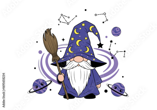 Whimsical cosmic gnome wizard with stars moon and planets holding a broom