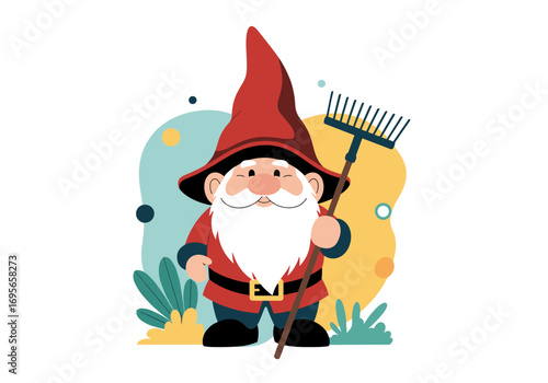 Charming garden gnome dressed in red with a white beard holding a rake ready to tend to the yard
