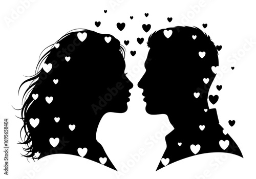 Romantic silhouettes of a couple embracing surrounded by floating hearts symbolizing love and affection