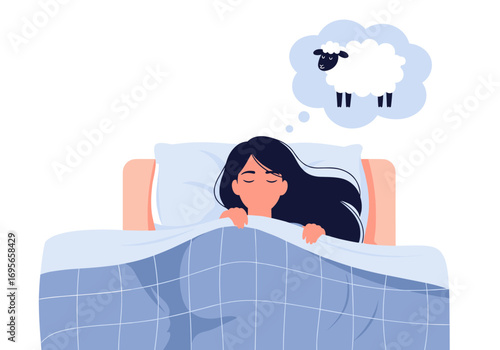 Woman sleeping peacefully in bed dreaming of a fluffy sheep jumping over a fence