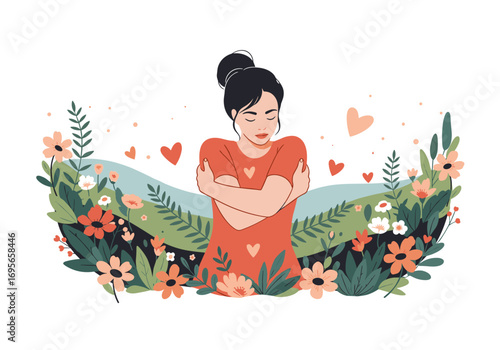 Embracing inner peace and self love amidst nature's serene beauty and gentle bloom