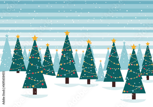 Enchanting winter forest scene adorned with festive christmas trees under gentle falling snowflakes