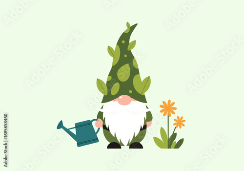 Whimsical garden gnome with watering can and blooming flowers celebrating spring and nature's bounty