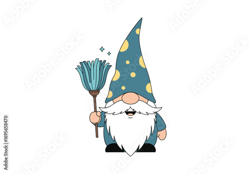 Whimsical gnome character holding a magical cleaning broom with sparkles and polka dots