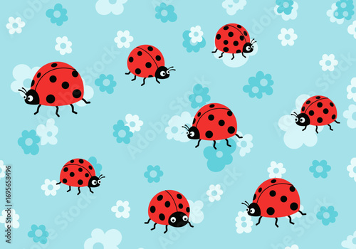 A group of cute ladybugs crawling on a light blue background scattered with small flowers