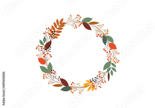 A beautiful circular wreath made of autumn leaves and berries in vibrant seasonal colors