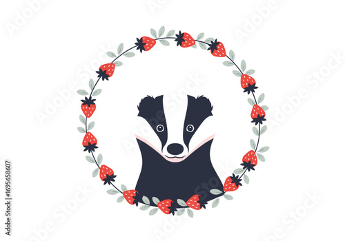 Charming forest dweller a badger portrait surrounded by a garland of juicy red strawberries and green leaves