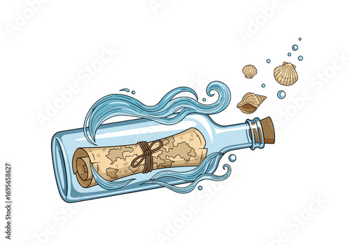 An ancient map sealed inside a glass bottle bobbing on the ocean waves with seashells and bubbles
