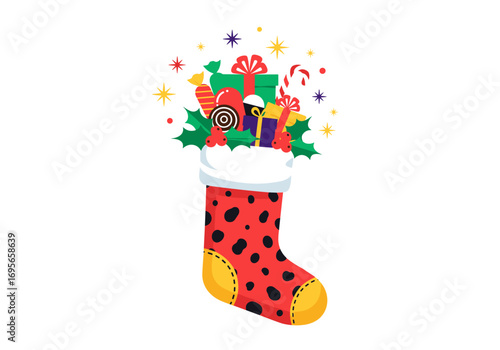 A festive christmas stocking filled with holiday treats and gifts adorned with holly and candy canes
