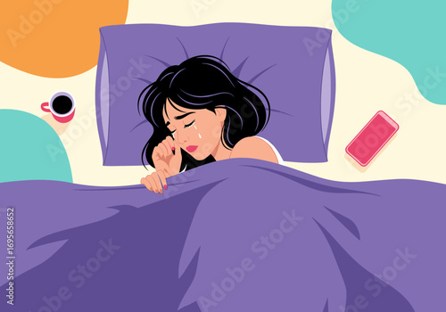 Woman wakes up tired and stressed in bed with coffee and phone nearby on a colorful background