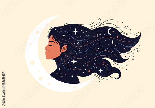 Enchanting woman with flowing starry hair gazing towards the crescent moon under a celestial sky