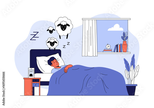A person sleeping soundly in a comfortable bed with sheep jumping over a fence illustration