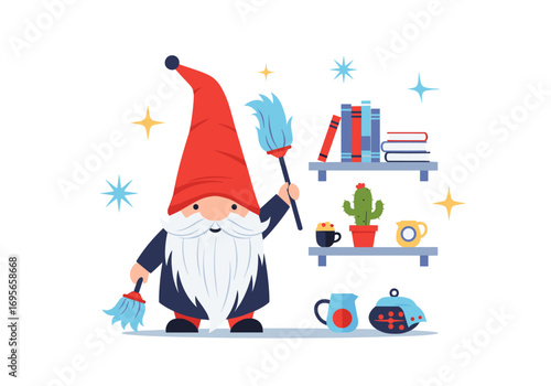 Charming gnome with long red hat and white beard diligently cleans bookshelf with dusters