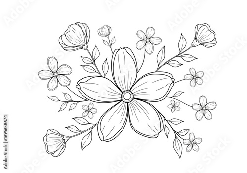 Elegant hand drawn floral design featuring delicate blossoms and leaves for artistic creations and decorations