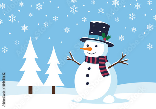 A happy cartoon snowman wearing a top hat and scarf standing in the snow next to pine trees under falling snowflakes