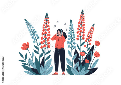 Young person listening to music while surrounded by vibrant blooming flowers and lush greenery
