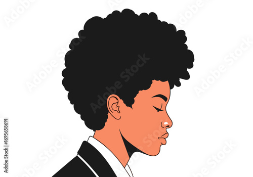 Stylized profile of a young person with an afro hairstyle looking downcast in a professional outfit