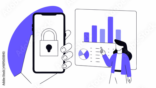 Woman analyzing data on a smartphone with a security lock, illustrated with a purple color scheme and simple line art style. Charts and graphs are displayed alongside the phone.