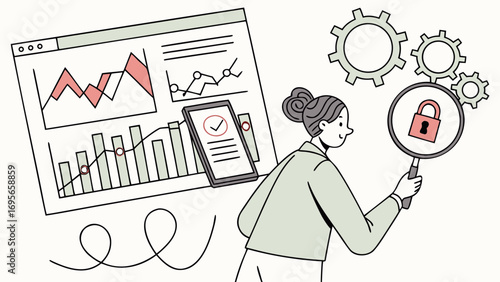 Illustration of a woman reviewing data charts and graphs while using a magnifying glass to examine a security lock, symbolizing data security and analysis.