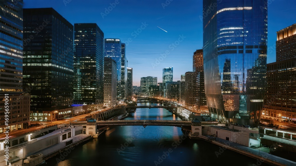 Obraz premium At night in the city, tall buildings stand in great numbers with bright lights. A river runs through the city, and bridges span over it, showing prosperity to the full.
