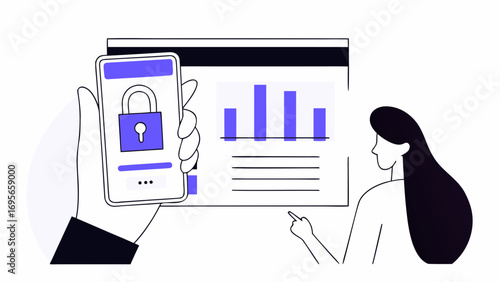 Woman presenting data on a screen, mobile app interface with security lock, bar graph, minimalist style, purple and black color scheme.