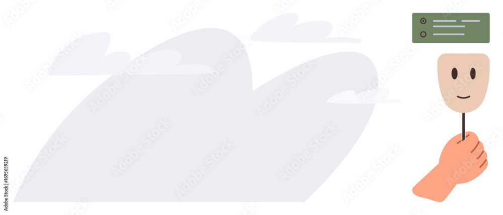 Naklejka premium Hand holding a smiling face mask, green checklist floating above, with cloudy sky backdrop. Ideal for identity, emotions, mental health, duality, goals productivity positivity. Simple flat metaphor