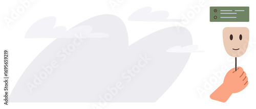 Hand holding a smiling face mask, green checklist floating above, with cloudy sky backdrop. Ideal for identity, emotions, mental health, duality, goals productivity positivity. Simple flat metaphor