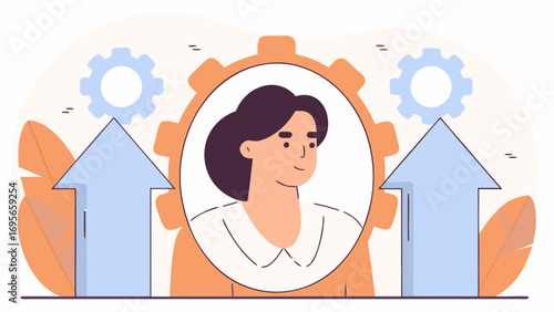 Woman in a circular frame surrounded by upward-pointing arrows and gears, suggesting growth and progress. Pastel color palette, vector graphic style.